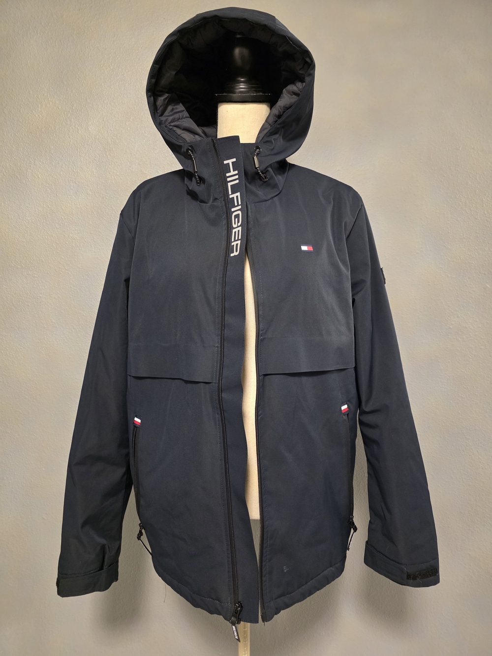 Tommy Hilfiger Navy Hooded Raincoat with Logo Trim